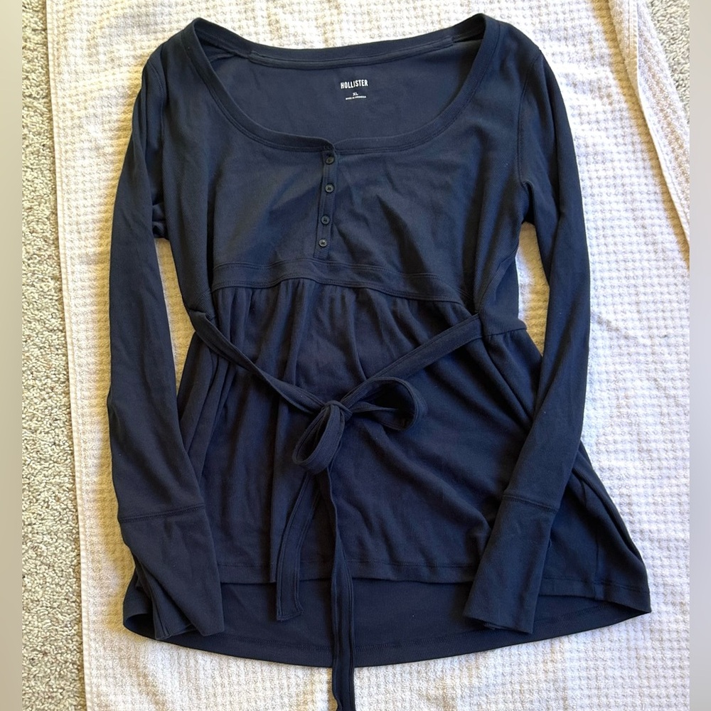 Hollister Navy Long Sleeve Henley Tie-Waist Top